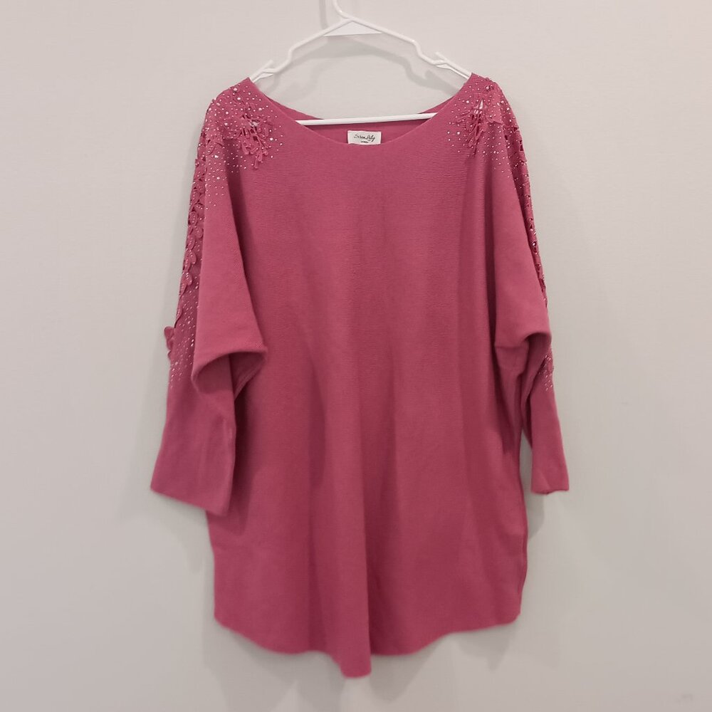 Siren Lily Women Pink Rhinestone 3/4 Sleeve Evening Holiday Top Sweater, 3X New
